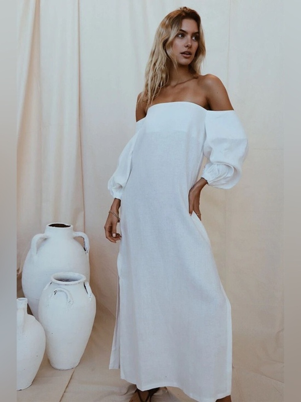 NWOT Maurie and Eve Acme Off Shoulder linen Dress in White size 8
